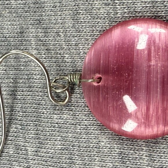 Pink Cats Eye Drop Earrings With Silver Tone Hooks Pierced Women Jewelry - Picture 7 of 14